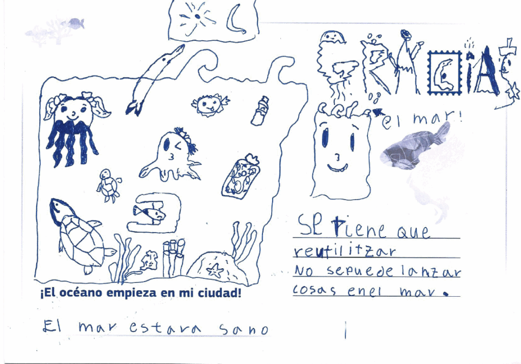 MakeEUBlue: postal realizada por niños durante la actividad en Gijón, sobre la salud de los océanos.