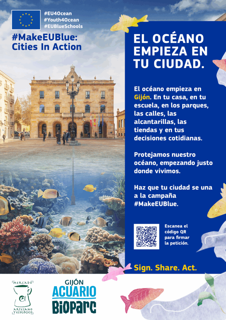 MakeEUBlue: cartel de la actividad en el Mercado Artesano y Ecológico de Gijón en agosto de 2025.