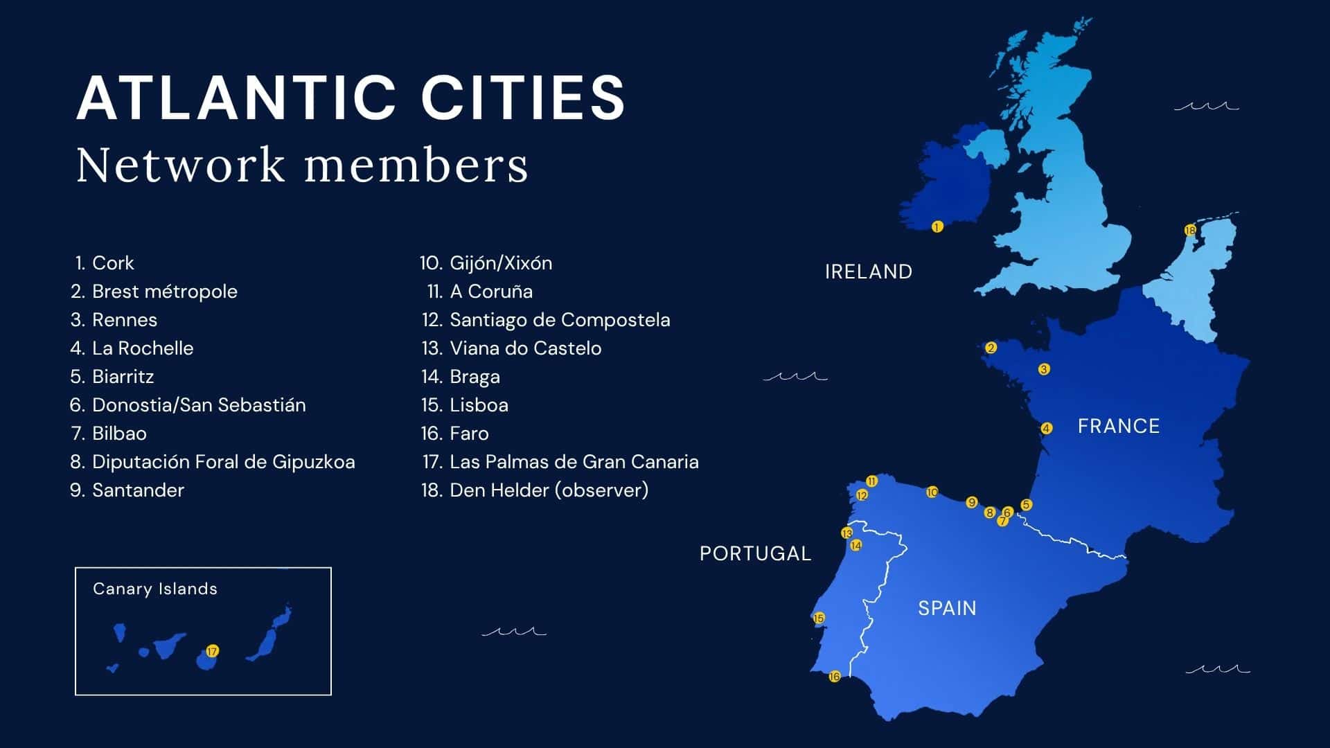 Map of the network's city members in the Atlantic Arc and Europe
